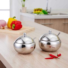 Sugar Salt Bowl Container Seasoning Box 304 Stainless Steel Household Supplies with Lid Spoon for Home and Kitchen(A)