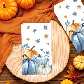 100 Pcs Fall Paper Napkins 3 Ply Watercolor Blue Orange Pumpkins Disposable Absorbent Hand Towels Autumn Decorative Guest Napkins for Thanksgiving Harvest Lunch Dinner Bathroom Supplies Decorations