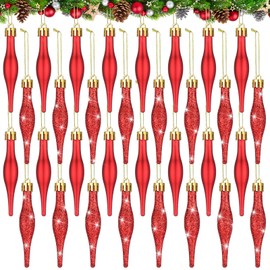 Halloscume 32 Pcs 3.5 Inch Red Finial Christmas Ornaments Vintage Glitter Matte Shatterproof Plastic Retro Hanging Christmas Finials Ornaments for Xmas Tree Party Holiday