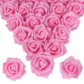 ICBOX Pink Glitter Roses 100pcs Foam Roses Stemless 2.56" Pink Artificial Roses Glitter Flowers Real Looking Pink Fake Roses for Bridal Shower Decor Flower Wall Wedding Centerpieces (Pink)