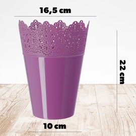 KADAX Lace Plastic Flower Pot, 9 Colours, Flower Pot with Lace Motif, Flower Pot Protector for Office, Pot, Garden Bowl, Flower Pot, Planter (Diameter 16.5 cm, High, Purple)