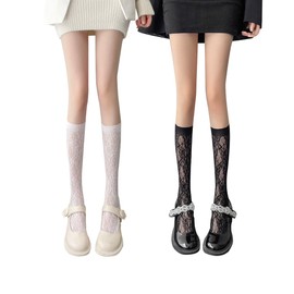 eigenn Women's Full Lace High Socks, Patterned, Junior Socks, Openwork, Women's Lace Socks, Beautiful Legs, Set of 2, Net Socks, Mesh, Work or School Commutes, Fuji Print