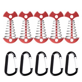 Azarxis Fishbone Deck Anchor Pegs, 6 Pack Deck Plank Board Tent Stakes with Carabiners Clip Deck Tie Down Aluminium Alloy Camping Peg for Outdoor Hiking Picnic (77mm Red Nail + Spring + Carabiner)