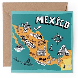1 x Greeting Card - Mexico Mexican Map Fun Landmarks - Blank Birthday Celebration Anniversary #58710