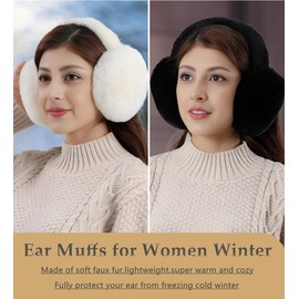 Unning Winter Earmuffs Women's Foldable & Adjustable Ear Warmers Faux Fur Soft Ear Protection Ear Muffs Ear Warmers for Women, B1-white+black