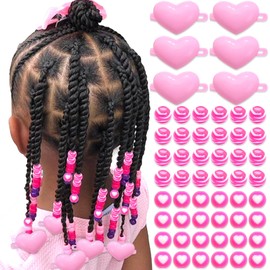 NAISKA 60Pcs Pink Heart Hair Beads for Kids Girls Heart Self Hinge Hair Barrettes Cute Acrylic Beads for Hair Plastic Hair Clips Toddler Dreadlock Beads Hair Jewelry for Women Braid Clips Accessories