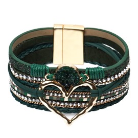 GZJINYUAN Heart Leather Wrap Bracelet for Women, Boho Cuff Bracelet with Strong Clasp, Rhinestone Multilayer Stackable Bracelet, One Size, Faux Leather, no gemstone