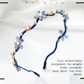 Firuilo Blue Thin Flower Headbands Pearl Crystal Hair Bands Wave Beaded Hair hoop Bridal Wedding Party Hair Accessories for Women and Girls (Blue)