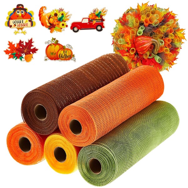 Chapou 5 Rolls Thanksgiving Poly Mesh Ribbon Wired Edge Ribbon