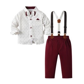 Volunboy Baby Boys Gentleman Clothes Suit, Toddler Bowtie Shirts Suspenders Pants 4pcs Printed Formal Clothing Set(Red Printed,Tag Size 120,4-5 Years)