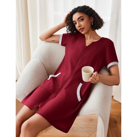 Ekouaer Women Zipper Robe Waffle Short Sleeve Bathrobes Lightweight Knee Length Housecoat with Pockets S-3XL(Dark Red, XX-Large)