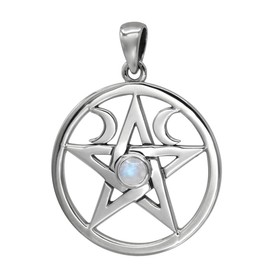 Triple Moon Pentagram Pendant - Sterling Silver Wiccan Pagan Moonstone Pentacle Charm