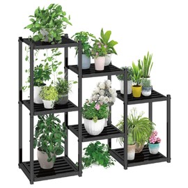Simple Trending Plant Stand Indoor Outdoor, Heavy Duty Metal Waterproof 7 Tiered Plant Shelf for Multiple Flower Planter Holder Tall Large Rack, Black