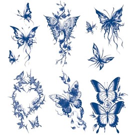Semi-permanent Butterfly Temporary Tattoos, 6-Sheet 2 Weeks Long Last Waterproof Blue Tattoos,Plant-Based Ink Tattoos Sticker for Adult Children