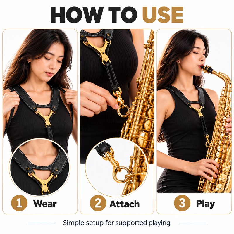 Adjustable Saxophone Shoulder Harness, Breathable Leather Contoured Sax Strap for