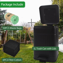 Mounting UP Dog Poop Trash Can for Outdoors Dog Waste Station with Lid Hands-Free Pedal 1 Gallon Container Home Kitchen with 1 Roll 50PCS Litter Bag & 6 Activated Carbon Filter T-5L-F-B