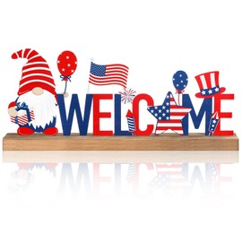 MiniInflat Patriotic/ 4th of July Metal Sign Rustic Table Decor Holiday Tiered Tray Decor with Wooden Base Freestanding Metal Word Sign for Home Tabletop Centerpiece Mantel Shelf Fireplace