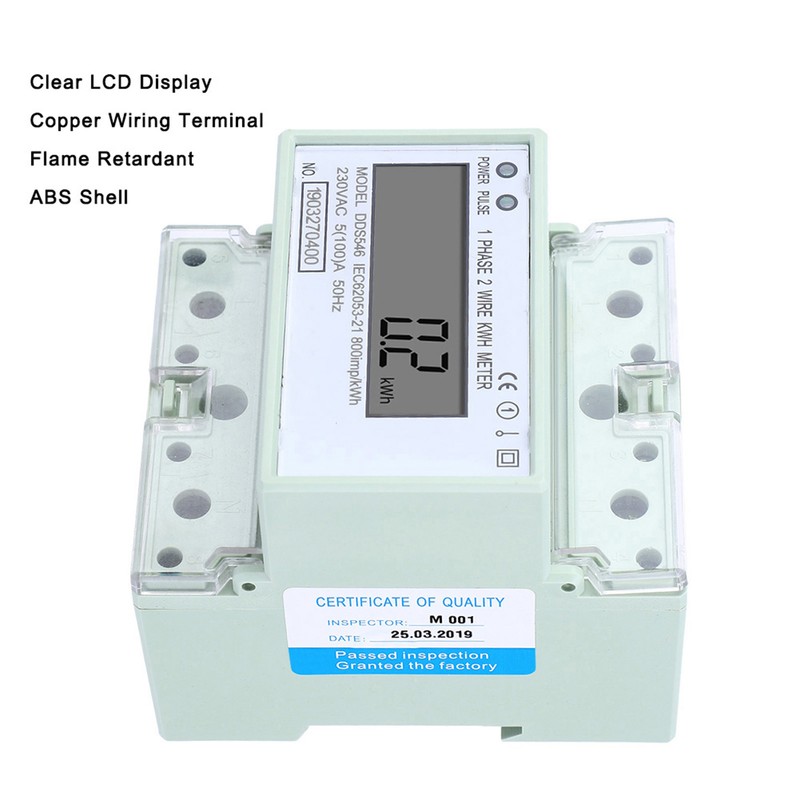 Single Phase 5-100A 230VAC Energy Meter DIN Rail Digital LCD