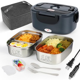 Electric Lunch Box for Adults - 1.5L Single/Double Layer Stainless Steel Food Warmer - 80W Fast PTC Heated Lunchbox, 12V/24V/110V Portable Food Heater for Car&Truck, Office, Camping, Travel(Gray)