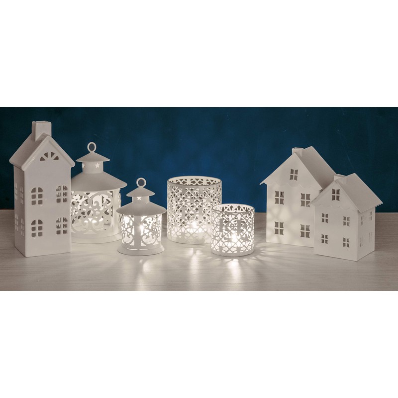 Excelsa House Lantern, Ceramic, White, 8 X 8 X 23