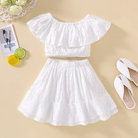 Toddler Little Girls Lace Ruffled Off Shoulder Crop Tops + Tulle Layered Skirts Summer Pricess Dress Clothes Set (Hollow Out White,6-7Years)