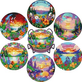 Leatrice 8 Psc Landscape Flower Diamond Art Coasters Kits for Adults Painting Paint by Dots Small Size Mosaic Dot Painting Set Friendly for Adults Beginners Gift for Family & Friends