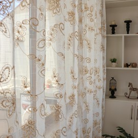 SLOW SOUL Set of 2 Panels Coffee Complex Flowers Sheer Curtains Floral Faux Linen Semi Sheer Embroidered Curtains & Drapes for Bedroom Living Room Rod Pocket 52W X 79L inch