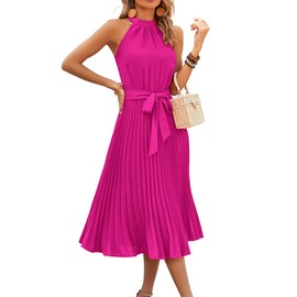 KIRUNDO Women's 2025 Summer Sleeveless Halter Neck Pleated Midi Cocktail Dresses A Line Flowy Beach Sun Dress with Belt (Rose Red, Large)