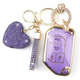 YIKECASE Key Fob Cover with Diamond Keychain Compatible with Jeep Car Key Holder Case Compatible with Jeep Wrangler JLU JL Gladiator Rubicon JT Flip Key Protector for Women, 4 Buttons (Purple-Heart)