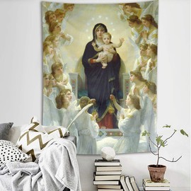 HVEST Christian Tapestry Virgin Mary and Jesus Christ in Paradise Wall Hanging Angels in Heaven Tapestries for Bedroom Living Room Dorm Wall Decor Party Backdrop,40Wx60H inches