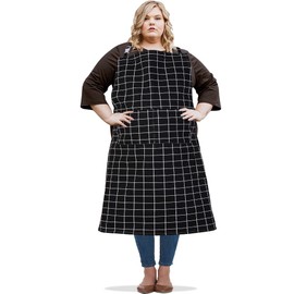 SANFERGE Canvas Plus Size Apron for Women with 2 Pockets, 39 X 38 inch Extra Large XXL Aprons, Vintage Gingham Adjustable Long Bib Chef Apron for Cooking, Kitchen, Barber, Gardening, Black Check