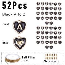 stino 52Pcs Heart Letter Charms for Jewelry Making, Initial Alphabet Charms for Bracelet Necklace Earrings (Black)