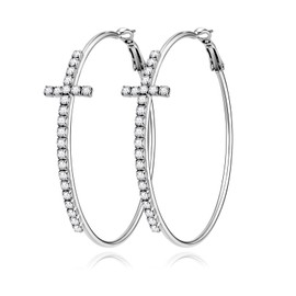 Elaximn Silver Cross Hoop Earrings for Women, Hypoallergenic Big Large Thin Lightweight CZ Rhinestone Cross, Minimalist Style Silver Hoops with Cubic Zirconia Trendy Jewelry