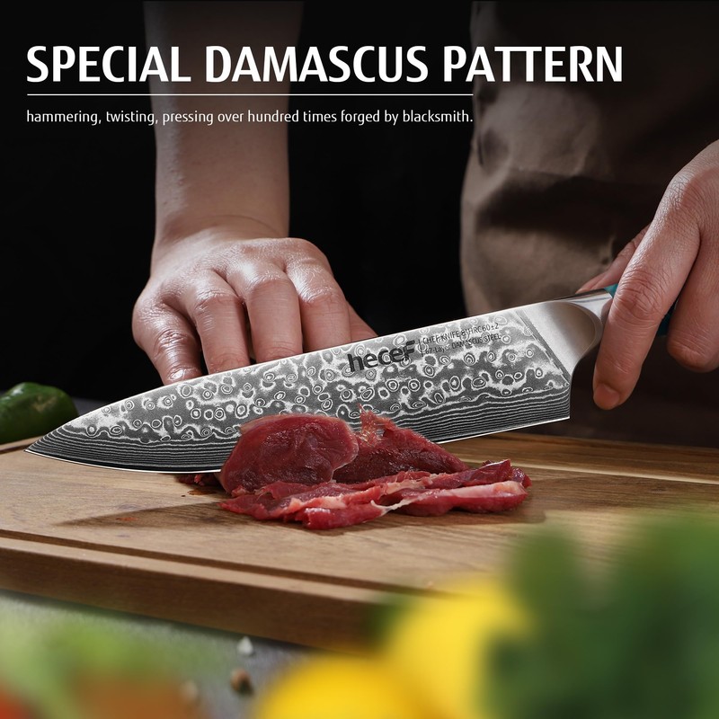 hecef Damascus Chef Santoku Knife, High Carbon Stainless Steel Ultra