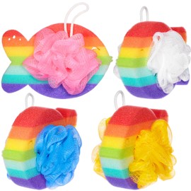 BRUBAKER 4-Piece Bath Sponge Set - Rainbow Fish Soap Sponge 0.88 oz - Gentle Exfoliating Shower Pouf for Kids and Adults - Colorful Bath Loofahs with Gift Box