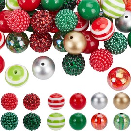 SUNNYCLUE 48Pcs Christmas Bubblegum Beads 20mm Chunky Bead Bulk Acrylic Resin Colorful Gum Ball Rhinestone Chunk Round Striped Beadable Pens Beads for jewellery Making Pen Beading Bracelet Supplies