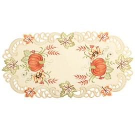 Quinnyshop Kürbis und Sonnenblume Stickerei Tischläufer 35 x 70 cm Polyester, Creme