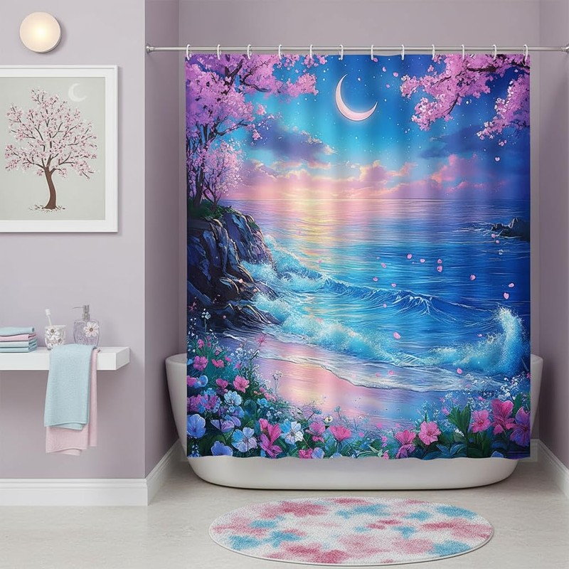 Moon Ocean Beach Shower Curtain, Fantasy Starry Night Sky, 70Wx70H