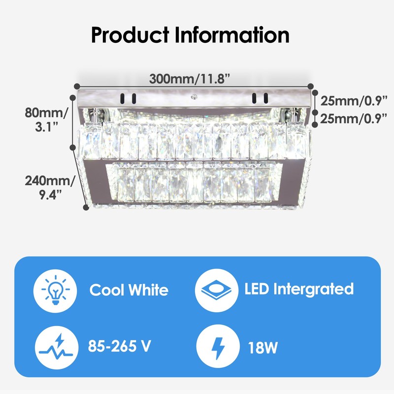 Finktonglan 11.8"×9.1" Rectangular Crystal LED Flush Mount Ceiling Light, Cool