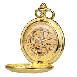 TREEWETO Pocket Watch with Chain Men's Analogue Hand Winding Double Hinge Antique Gear Roman Numerals Bronze Black Gold, gold, Classic
