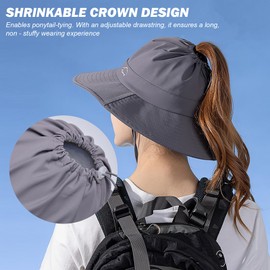 TAGVO Damen Sonnenhut mit Breiter Krempe, Atmungsaktiver Ponytail Safarihut mit Windschutz für Outdoor