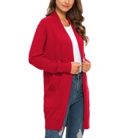 PCEAIIH Women Casual Open Front Cardigans Long Sleeve Knitted Longline Cardigan Soft Knitwear Sweater with Pockets L Red