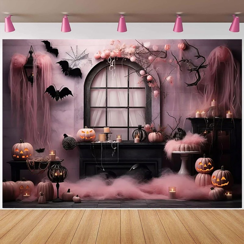 Pink Halloween Pumpkin Background - Spooky Photography Backdrop for Prom,