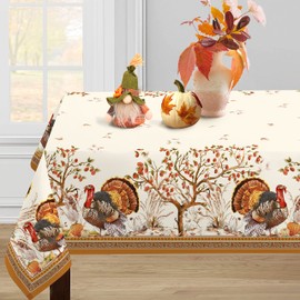 Virtumob Fall Thanksgiving Double Border Decoration Tablecloth,Turkey & Pumpkin Harvest Tablecloths, Waterproof Table Cover for Dinner Kitchen Party Holiday Decorations, 60"x 102"Oblong/Rectangle