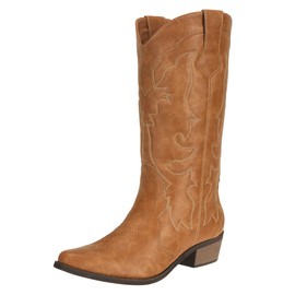Womens Western Cowgirl Cowboy Boots Mid Calf Snip Toe Fashion Shoes Tan US 9