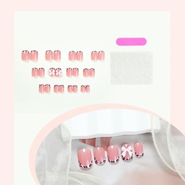 24 Pcs Leopard French Press on Nails Short Square - WLGDLH Fall Fake Nails Nude Pink False Nails with Bow Design Glossy Nail Tips Full Cover Acrylic Nail Petite Stick on Nails for Women