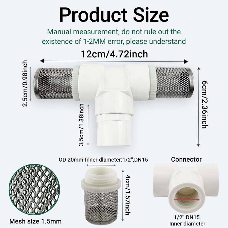 1/2" T Strainers Steel Filter Cover Connected 1/2 in PVC