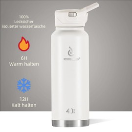 IDEUS Vacuum Insulated Water Bottle, 40 oz (1140 ml) Stainless Steel Double Wall Bottle Metal Sports Canteen with Leak-Proof Screw Cap (Cream)