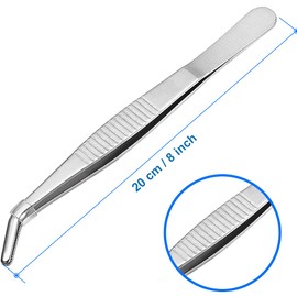 MMOBIEL Stainless Steel Tweezers 20cm / 8inch with curved 60 Degree Serrated Tip Professional Multi Purpose Tongs Tool for Industrial work, Laboratory Use, Gardening, Cooking