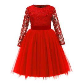 Flower Girl Dress Long Sleeves Lace Top Tulle Skirt Girls Lace Party Dresses (Size 6,Red)